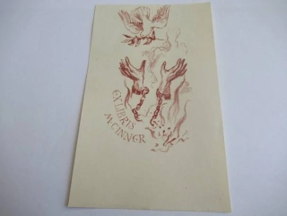 Exlibris – M. Cinner – Jaroslav Vodrážka – Ruce s roztrženými okovy a holubice míru – litografie (L1), 14,5×9 cm