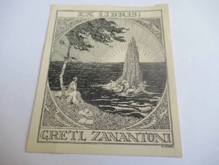 Exlibris – Gretl Zanantoni – Otakar Štáfl – Sedící dívka na mořském břehu se skálou v příboji – zinkografie (P7) / perokresba, 9×8 cm
