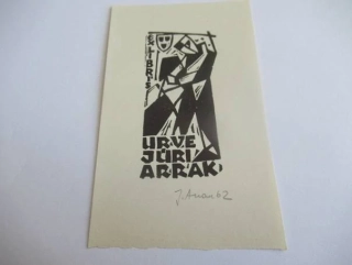 Exlibris – Urve Jüri Arrak – Jüri Arrak – Kubistická figura s maskami – linoryt (X3), 11×6,5 cm