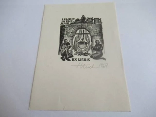 Exlibris – Lembit ja Ene Mägi – Henno Arrak – Čtenáři u kamenného krbu s kotlem – dřevoryt (X2), 14×10 cm