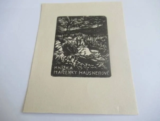 Exlibris – Knížka Mařenky Hausnerové – R. Tondl – Milenci v trávě pod stromem – dřevoryt / linoryt (X), 14×11,5 cm