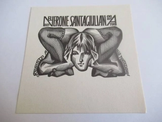 Exlibris – Nerone Santagiuliana – Anatolij Kalašnikov – Portrét muže s kontorsionistickým aktem (akrobacie) – dřevoryt (X2), 9×9 cm