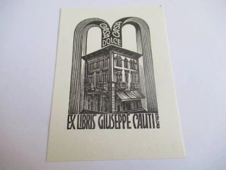Exlibris – Giuseppe Cauti – Anatolij Kalašnikov – Historický italský palác pod dvojitým obloukem – dřevoryt (X2), 9,5×7 cm