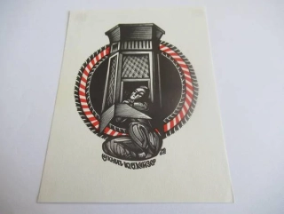 Exlibris – Iz knig J. B. Kajzer (Из книг Ю. Б. Кайзер) – Anatolij Kalašnikov – Klečící žena u barokního arkýře – dvoubarevný dřevoryt (X2), 12×9 cm