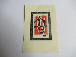 Exlibris – W. J. J. van Rossum – Krzywka – Konstruktivistická typografická kompozice – barevný linoryt (X3/3), 10×7 cm