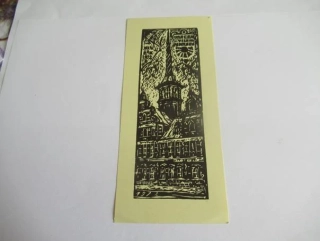 Exlibris – Jørgen Vils Pedersen – Bronisław Józef Tomecki – Architektura s kostelní věží – původní linoryt (X3), 15,5×7 cm