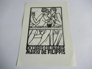 Exlibris – Mario de Filippis – Costante Costantini – Exlibris culinaris (Pár u stolu) – původní linoryt (X3), 14,5×10,5 cm