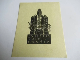 Exlibris – Alois Chvála – Tiskařský motiv s brkem a štočky – původní dřevoryt (X2), 10×8 cm