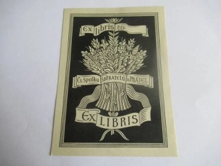 Exlibris – Čs. spolek sběratelů a přátel exlibris – Josef Solar – Motiv se snopem obilí – původní dřevoryt (X2), 11×8 cm