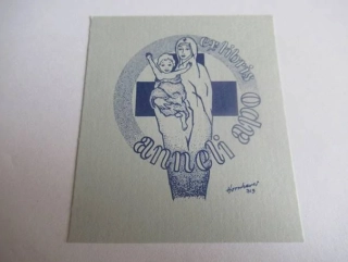 Exlibris – Anneli Apo – Hans Christian Hornhaver – Madona s dítětem a kříž – původní zinkografie / offset, 7×6 cm