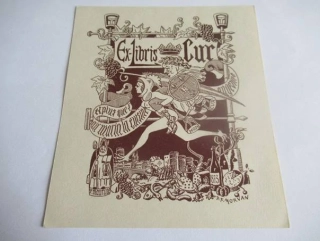Ex-Libris Cur – P. F. Morvan – Alegorický běh za gastronomií a vínem – původní zinkografie / perokresba, 13,5×12 cm