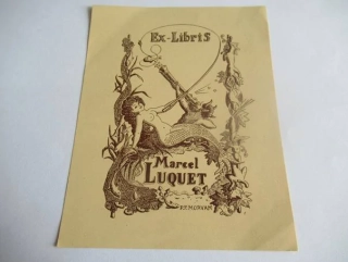Ex-Libris – Marcel Luquet – P. F. Morvan – Mořská panna, faun a podmořský svět – původní zinkografie / perokresba, 13,5×10,5 cm