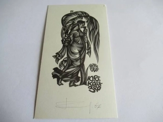Exlibris – Ju. B. Kajzer – Anatolij Ivanovič Kalašnikov – Žena s košíkem ovoce pod palmou – původní dřevoryt (X2), 12×6,5 cm
