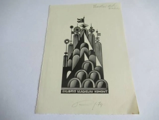 Exlibris – Vladislav Kohout – Anatolij Ivanovič Kalašnikov – Konstruktivistická krystalická architektura s věžemi a vlajkou – původní dřevoryt (X2), 14×10 cm