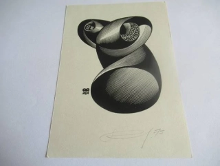 Exlibris – Jaroslav Lohynský – Anatolij Ivanovič Kalašnikov – Konstruktivistická plastická kompozice – původní dřevoryt (X2), 14×9,5 cm