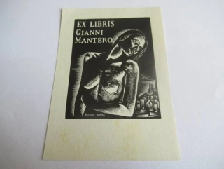 Exlibris – Gianni Mantero – George Buday – Ženský akt s noční scenérií města (Řím) – původní dřevoryt (X2), 8,5×6 cm