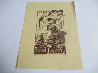 Exlibris – Marcel Luquet – P. F. Morvan – Pirátský motiv s tukanem a pokladem – původní zinkografie / perokresba, 11×8,5 cm