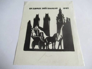 Exlibris – Jiří Soukup – German Ratner – Pražský motiv s kočárem a Karlovým mostem – původní linoryt (X3), 13×11 cm