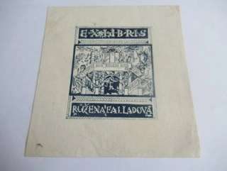 Exlibris – Růžena Falladová – Alois Moravec – Zámecké schodiště s postavami – původní dřevoryt (X2), 11×10 cm