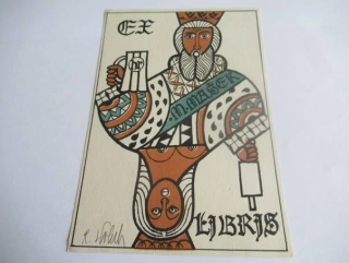 Exlibris – M. Mašek – Rostislav Holub – Hrací karta (Král s korbelem a obrácená žena) – barevný linoryt, 15×10,5 cm