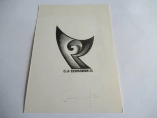 Exlibris – J. Szymański – Anatolij Ivanovič Kalašnikov – Konstruktivistická typografická kompozice – původní dřevoryt (X2), 14,5×10,5 cm
