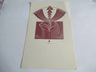 Exlibris – Václav V. – Ladislav Rusek – Československo – původní linoryt (X3) v barvě – 20×12 cm