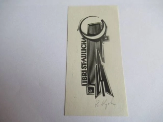 Exlibris – St. Aulicha – Ryszard Krzywka – Polsko, 1960 – původní dřevoryt (X2) – 9×4 cm