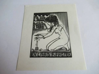 Exlibris – P. Pfister – Jocelyn Mercier – Francie – původní dřevoryt (X2) – 10,5×9 cm
