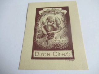 Exlibris – Dirce Chiesa – F. Viganó – Itálie – původní linoryt (X3) v barvě – 12×9 cm