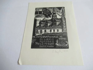 Exlibris – 14. Internationale Ex Libris Kongres Helsingør – Pēteris Upītis – Lotyšsko / Dánsko, 1972 – původní dřevoryt (X2) – 13,5×10 cm
