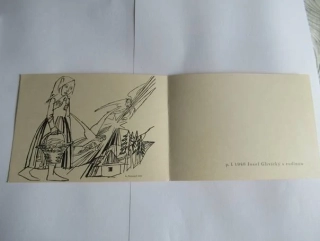Původní sběratelská novoročenka p. f. 1946 Josef Glivický s rodinou – autor Antonín Strnadel (15 × 11 cm)