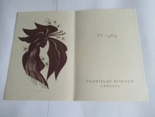 Původní sběratelská novoročenka PF 1969 Vladislav Kohout s rodinou – autor Ladislav Rusek, linoryt X3/2 (15,5 × 11 cm)