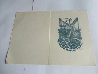 Původní sběratelská novoročenka P.f. 1984 MUDr. Otakar Mařík – Rok české hudby, signovaná grafika (15 × 10,5 cm)