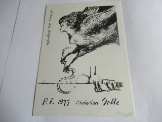 Původní sběratelská novoročenka P.F. 1977 Christian Gelle – autorka Teresa Tinelli, motiv L'anno del serpente (14,5 × 10 cm)
