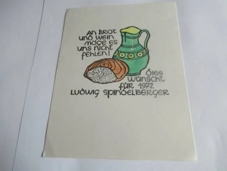Původní sběratelská novoročenka PF 1972 Ludwig Spindelberger – autorka Roswitha Schöner, ručně kolorovaný linoryt (15,5 × 12 cm)