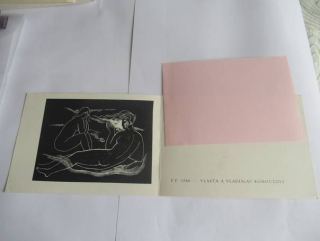 Původní sběratelská novoročenka PF 1966 Vlasta a Vladislav Kohoutovi – autor Rastislav Michal, dřevoryt X2 (15 × 10,5 cm)