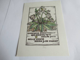 Původní sběratelská novoročenka Gelukkig 1971 Nelly Kops & Henk J. de Swart – autor Prof. Otto Feil, ručně kolorovaný linoryt (14 × 10 cm)