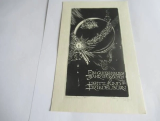 Původní sběratelská novoročenka Ein gutes neues Jahr wünschen Fritz und Friedel Born – dřevoryt X2 (19 × 12 cm)