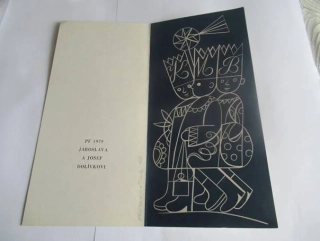 Původní sběratelská novoročenka PF 1979 Jaroslava a Josef Dolívkovi – tříkrálový motiv, autorská signovaná grafika (20,5 × 9 cm)