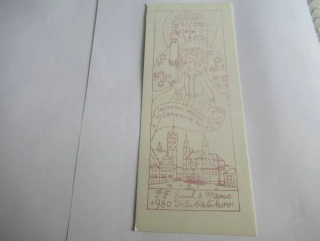 Sběratelská PF 1980 – motiv Panna Maria Klatovská a veduta Klatov (20,5 × 8 cm)