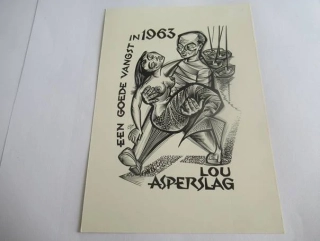 Sběratelská PF 1963 – autor: Gerard Gaudaen – motiv akt ženy s námořníkem a lodičkami, dřevoryt X2 (15 × 10 cm)