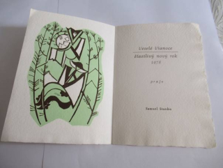 Sběratelská PF 1978 – motiv kubistická zimní krajina a lyžař, barevný linoryt X3 (15 × 10,5 cm)
