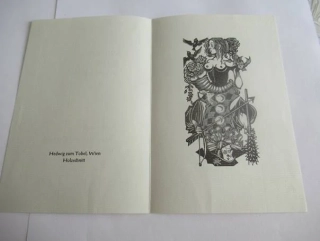 Sběratelská PF 1979 – motiv ženský akt, šašek a Kupido, dřevoryt X2 (14,5 × 9 cm)