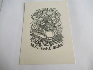 Sběratelská PF 1964 – autor: István Drahos – motiv dívka s kyticí a exlibris, dřevoryt X2 (12,5 × 9 cm)
