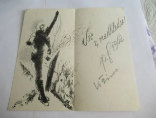Sběratelská PF 1962 – motiv lyžař na svahu a zimní krajina, litografie (20 × 10,5 cm)