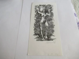 Sběratelská PF 1975 – autor: Gerard Gaudaen – motiv ženský akt v rozkvetlé zahradě, dřevoryt X2 (21 × 10,5 cm)