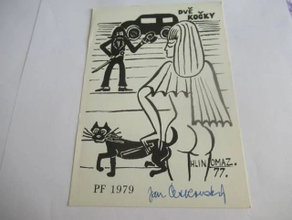 Sběratelská PF 1979 – motiv Dvě kočky, podle Josefa Hlinomaze, linoryt X3 (15,5 × 10,5 cm)