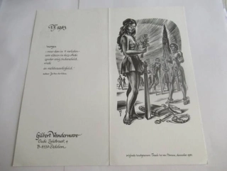 Sběratelská PF 1983 – autor: Frank-Ivo van Damme – motiv Iustitia, oběti války a věž v Diksmuide, dřevoryt X2 (21 × 10,5 cm)
