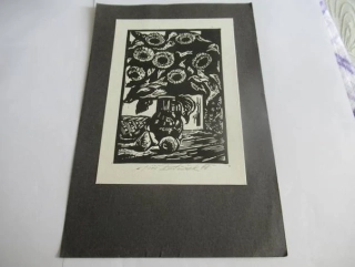 Sběratelská PF 1979 – autor: Jiří Poláček – motiv zátiší se slunečnicemi a džbánem, linoryt X3 (21 × 14 cm)