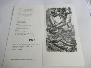 Sběratelská PF 1977 – autor: Frank-Ivo van Damme – motiv Čtyři živly, dřevoryt X2 (20 × 10 cm)